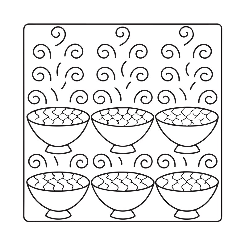 May include: A black and white line art illustration featuring six bowls arranged in two rows of three. Each bowl contains a textured pattern and is topped with swirling steam lines rising upwards, enclosed within a square border.