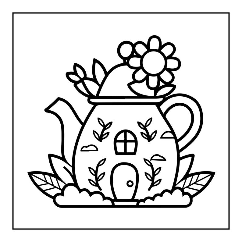 May include: A black and white line art illustration of a teapot shaped like a small house. The teapot features a door, a window, and leafy vines on its body. A large flower and additional leaves emerge from the top lid, with foliage at the base.