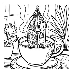 A black and white coloring page of a clock tower house standing in a teacup, with plants on either side.