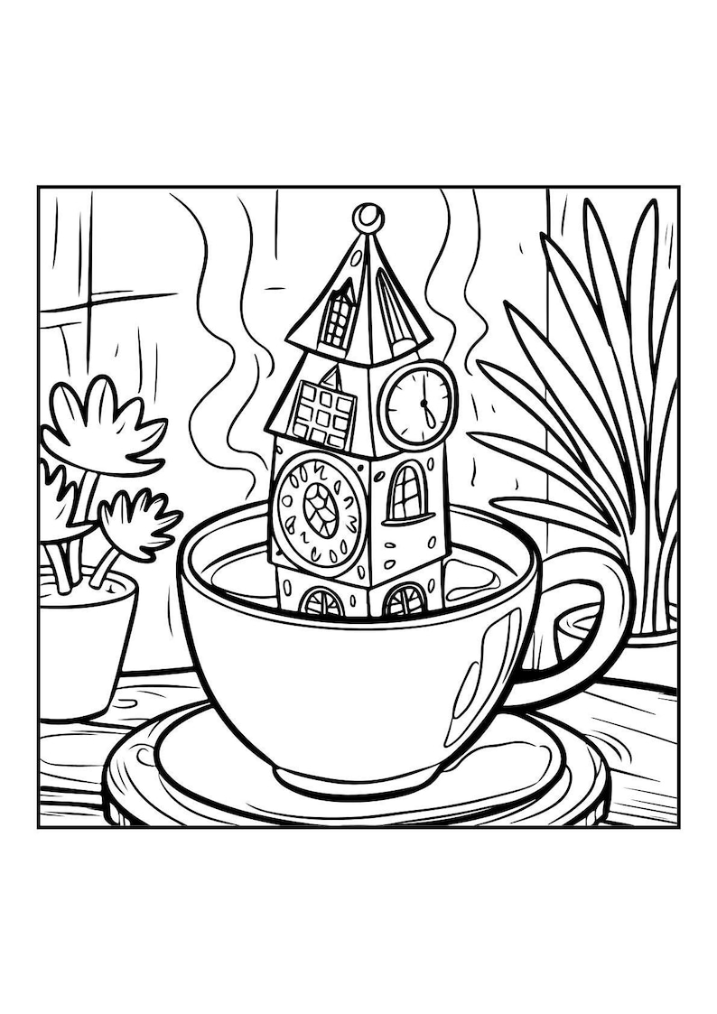A black and white coloring page of a clock tower house standing in a teacup, with plants on either side.
