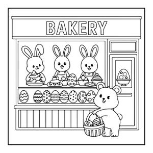 Op de afbeelding: Een zwart-wit kleurplaat met een bakkerij-etalage met het woord BAKERY erboven. Drie konijnen staan achter een toonbank vol gebak en versierde eieren. Een beer staat buiten en houdt een mandje met eieren vast.