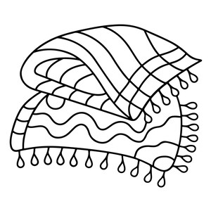 May include: A black and white line art illustration of a folded throw blanket with fringe trim. The top layer features a grid pattern, while the bottom layer displays wavy horizontal lines and circular shapes, all rendered in a simple graphic style.