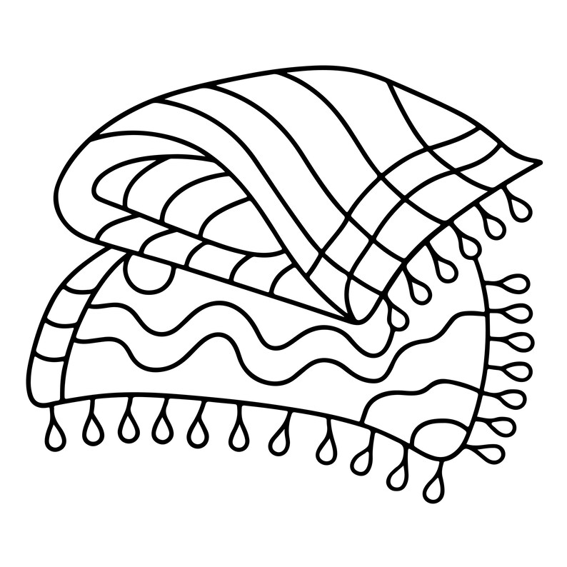 May include: A black and white line art illustration of a folded throw blanket with fringe trim. The top layer features a grid pattern, while the bottom layer displays wavy horizontal lines and circular shapes, all rendered in a simple graphic style.