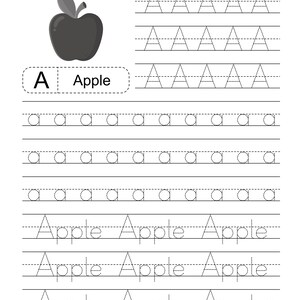 Pode incluir: Uma folha de exerc&iacute;cios educativa em preto e branco para praticar a letra A. Apresenta um gr&aacute;fico de uma ma&ccedil;&atilde;, o texto A Apple e linhas pontilhadas para tra&ccedil;ar a letra A mai&uacute;scula, a letra a min&uacute;scula e a palavra Apple.