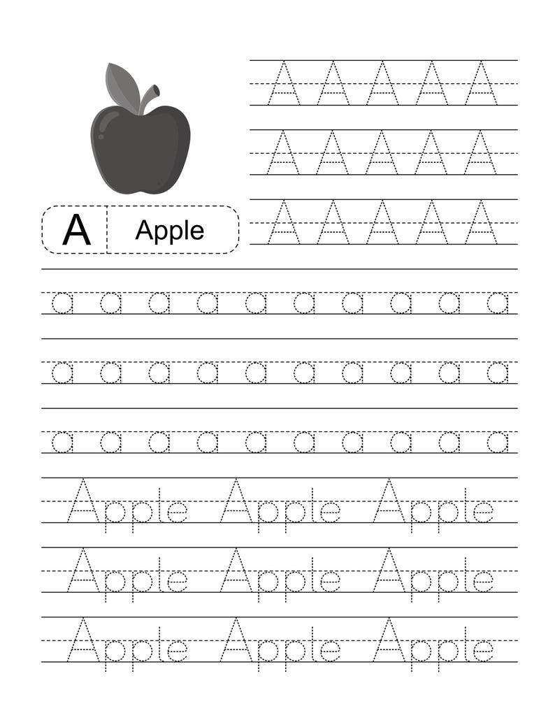 Pode incluir: Uma folha de exerc&iacute;cios educativa em preto e branco para praticar a letra A. Apresenta um gr&aacute;fico de uma ma&ccedil;&atilde;, o texto A Apple e linhas pontilhadas para tra&ccedil;ar a letra A mai&uacute;scula, a letra a min&uacute;scula e a palavra Apple.