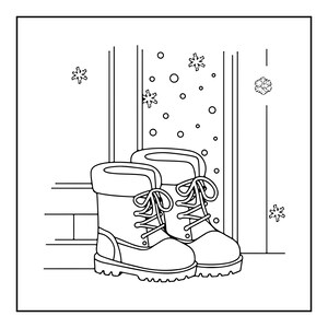 May include: A black and white line art illustration of a pair of winter boots with thick soles, laces, and a padded collar. The boots are positioned in front of a window with falling snowflakes and circular dots depicted in the background scene.