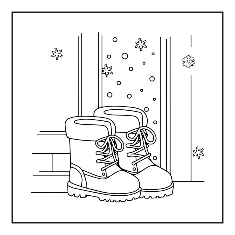 May include: A black and white line art illustration of a pair of winter boots with thick soles, laces, and a padded collar. The boots are positioned in front of a window with falling snowflakes and circular dots depicted in the background scene.
