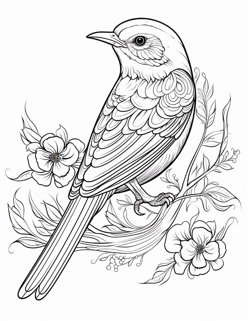May include: A black and white line art illustration of a bird perched on a flowering branch. The bird features detailed feather patterns and a long tail, surrounded by two open blossoms and leafy stems, rendered in a clean, bold outline style.