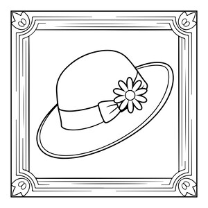 K&ouml;nnte beinhalten: Eine schwarz-wei&szlig;e Strichzeichnung eines breitkrempigen Hutes mit einem Band und einer einzelnen Blumenverzierung, zentriert in einem dekorativen quadratischen Rahmen mit verzierten Ecken, gestaltet als Malvorlage.