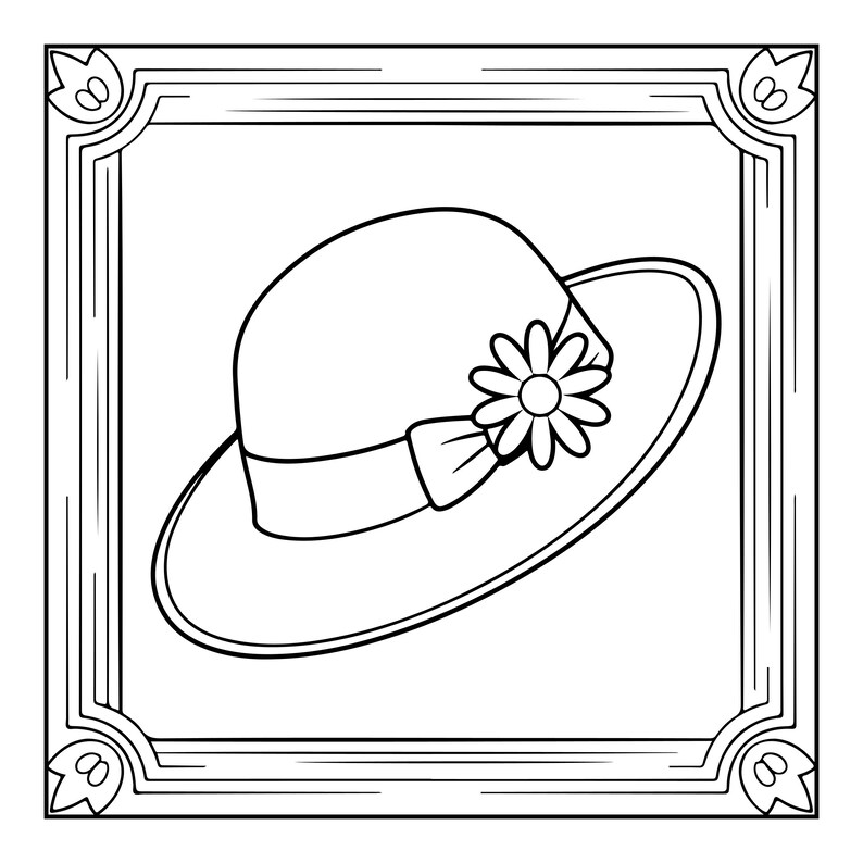 K&ouml;nnte beinhalten: Eine schwarz-wei&szlig;e Strichzeichnung eines breitkrempigen Hutes mit einem Band und einer einzelnen Blumenverzierung, zentriert in einem dekorativen quadratischen Rahmen mit verzierten Ecken, gestaltet als Malvorlage.