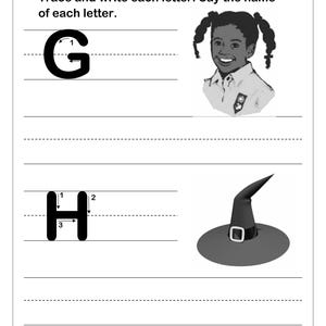 May include: An educational worksheet with the text Name, Trace and write each letter. Say the name of each letter. It features the uppercase letter G with directional arrows, a girl, the uppercase letter H with directional arrows, and a witch hat.