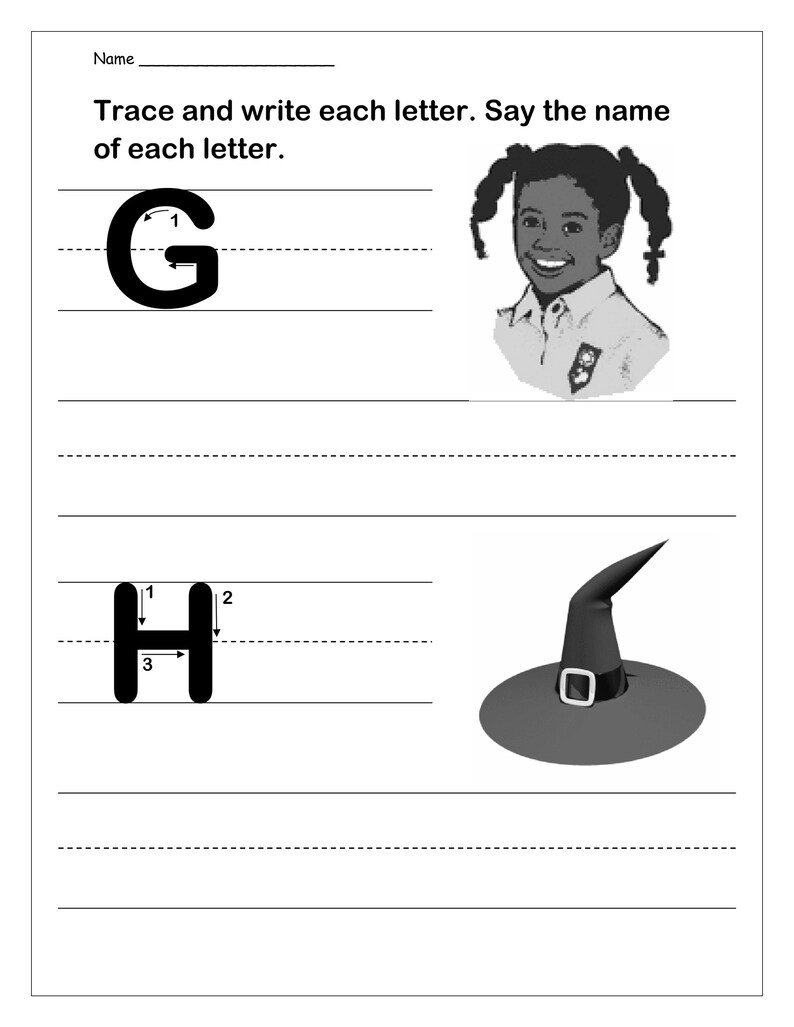 May include: An educational worksheet with the text Name, Trace and write each letter. Say the name of each letter. It features the uppercase letter G with directional arrows, a girl, the uppercase letter H with directional arrows, and a witch hat.