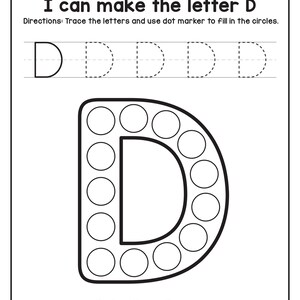 A printable worksheet titled I can make the letter D with dotted tracing letters and a large letter D filled with circles for dot markers above a duck illustration.