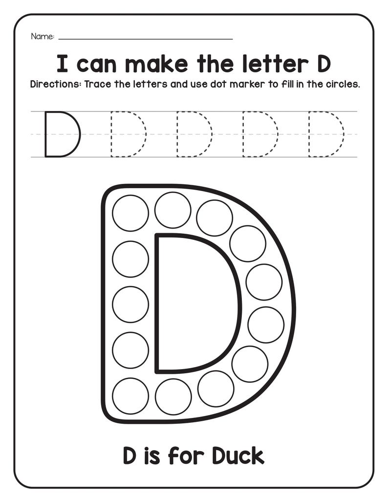 A printable worksheet titled I can make the letter D with dotted tracing letters and a large letter D filled with circles for dot markers above a duck illustration.