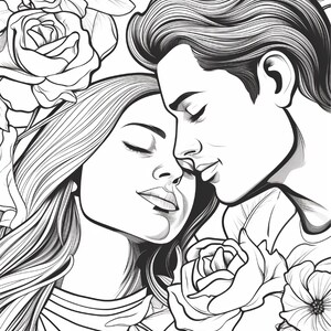 May include: A black and white line art illustration featuring a couple with their heads leaning together in a close embrace. The pair is surrounded by large, detailed floral blooms and leaves that frame their faces in this coloring page design.