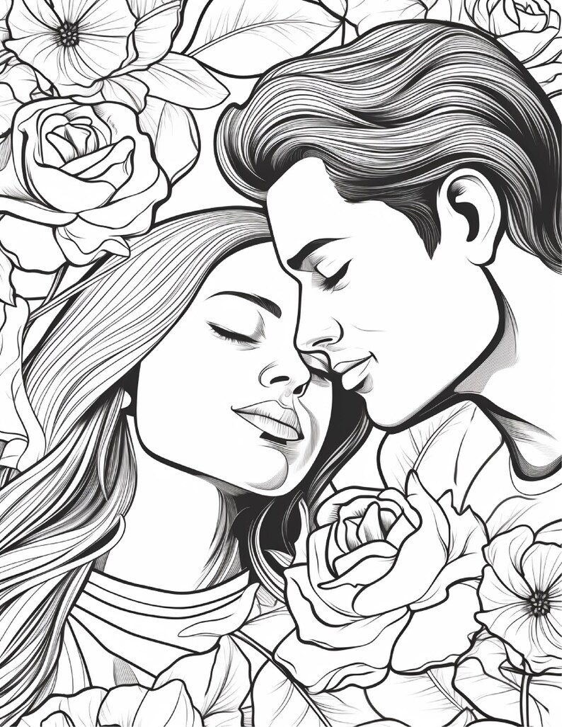 May include: A black and white line art illustration featuring a couple with their heads leaning together in a close embrace. The pair is surrounded by large, detailed floral blooms and leaves that frame their faces in this coloring page design.
