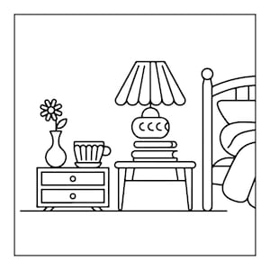 May include: A black and white line drawing of a bedroom scene featuring a two-drawer bedside cabinet with a flower in a vase and a teacup, next to a small table holding a lamp on top of two books, positioned beside a bed frame with pillows.