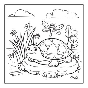 May include: A black and white line art coloring page featuring a smiling turtle resting on a flat rock. A dragonfly hovers above the turtle, surrounded by tall grass, small flowers, and leafy plants under a sky with two simple clouds.