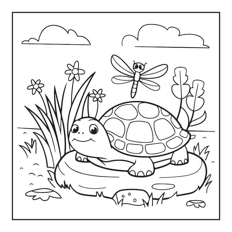 May include: A black and white line art coloring page featuring a smiling turtle resting on a flat rock. A dragonfly hovers above the turtle, surrounded by tall grass, small flowers, and leafy plants under a sky with two simple clouds.