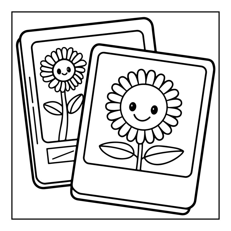 Puede incluir: Dos ilustraciones de arte lineal en blanco y negro de marcos de pel&iacute;cula instant&aacute;nea cuadrados, cada uno con el dibujo de un girasol sonriente con un centro redondo, numerosos p&eacute;talos, un tallo delgado y dos hojas, en un estilo gr&aacute;fico simple.