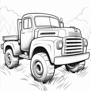May include: A black and white line art illustration of a vintage pickup truck with large, rugged tyres. The vehicle features a prominent front grille, rounded fenders, and a flatbed. The truck is positioned in a grassy field with trees in the background.