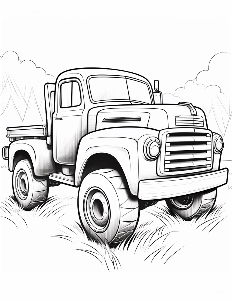 May include: A black and white line art illustration of a vintage pickup truck with large, rugged tyres. The vehicle features a prominent front grille, rounded fenders, and a flatbed. The truck is positioned in a grassy field with trees in the background.