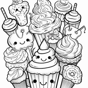 Malbuch mit süßen Leckereien | 99 Seiten mit Kawaii-Dessertmotiven (Digitaler Download) Bild 16