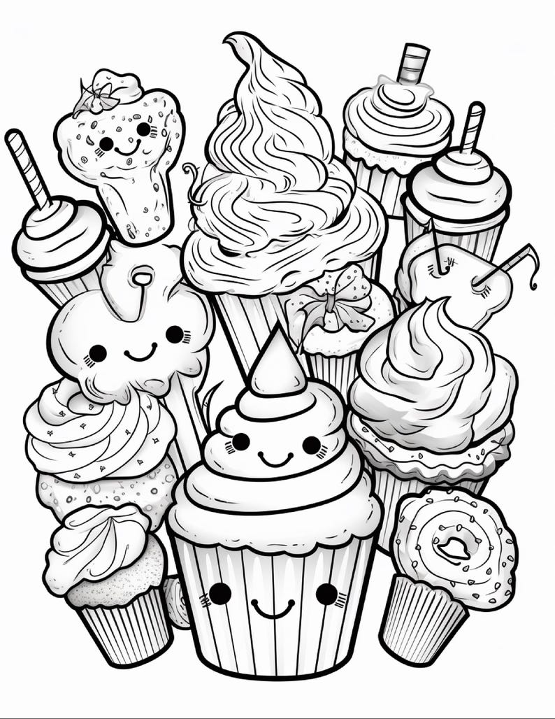 Malbuch mit süßen Leckereien | 99 Seiten mit Kawaii-Dessertmotiven (Digitaler Download) Bild 16