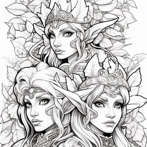 May include: A black and white line art illustration featuring three elven figures with pointed ears, wearing ornate headpieces and armour. The figures are positioned against a dense background of detailed leaves and foliage in a vertical composition.