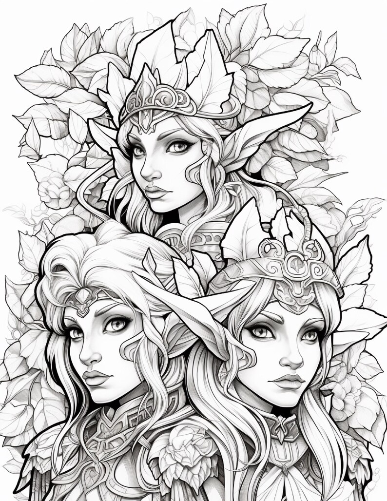 May include: A black and white line art illustration featuring three elven figures with pointed ears, wearing ornate headpieces and armour. The figures are positioned against a dense background of detailed leaves and foliage in a vertical composition.