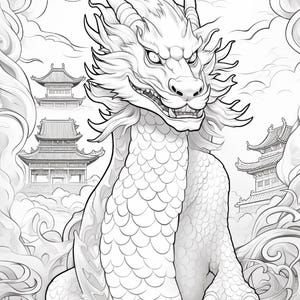 Puede incluir: Una ilustraci&oacute;n de arte lineal en blanco y negro que presenta un drag&oacute;n central con escamas detalladas, cuernos y una expresi&oacute;n feroz. El drag&oacute;n est&aacute; rodeado de nubes arremolinadas y tres edificios de estilo asi&aacute;tico al fondo.
