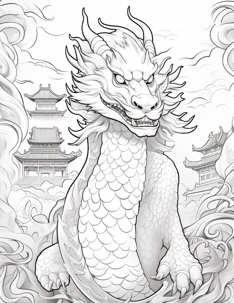 Puede incluir: Una ilustraci&oacute;n de arte lineal en blanco y negro que presenta un drag&oacute;n central con escamas detalladas, cuernos y una expresi&oacute;n feroz. El drag&oacute;n est&aacute; rodeado de nubes arremolinadas y tres edificios de estilo asi&aacute;tico al fondo.