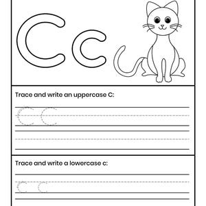 Pu&ograve; includere: Una scheda didattica in bianco e nero con il testo Color the letter Cc and a Cat, una grande lettera Cc maiuscola e minuscola e un disegno al tratto di un gatto. Sotto ci sono sezioni con linee tratteggiate per tracciare la C e la c.