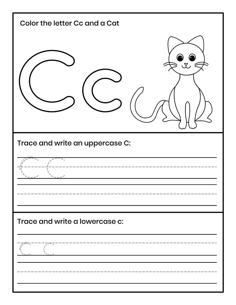 Pu&ograve; includere: Una scheda didattica in bianco e nero con il testo Color the letter Cc and a Cat, una grande lettera Cc maiuscola e minuscola e un disegno al tratto di un gatto. Sotto ci sono sezioni con linee tratteggiate per tracciare la C e la c.