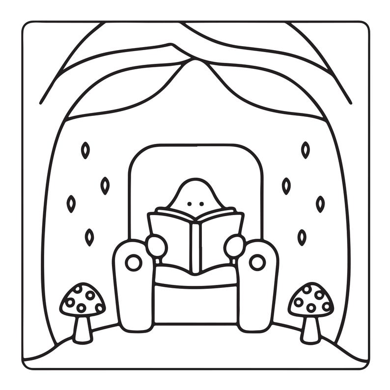 K&ouml;nnte beinhalten: Eine schwarz-wei&szlig;e Strichzeichnung, die eine Geisterfigur zeigt, die in einem Sessel sitzt und ein offenes Buch liest. Die Szene wird von gebogenen &Auml;sten eingerahmt und enth&auml;lt zwei kleine Pilze mit gepunkteten Kappen auf dem Boden.