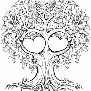 A black and white line art drawing of a tree with two heart-shaped openings in its trunk and many leaves.