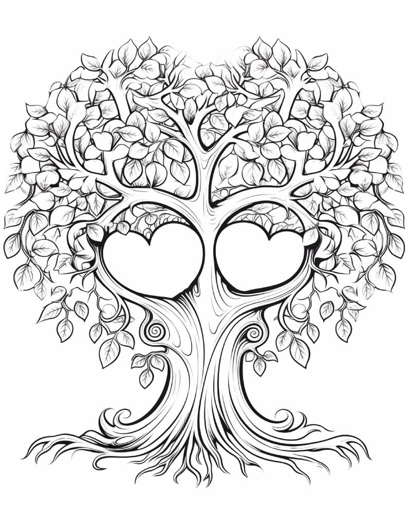A black and white line art drawing of a tree with two heart-shaped openings in its trunk and many leaves.