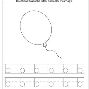 May include: A black and white educational worksheet titled Letter Tracing with the instructions Trace the letter and color the image. The page features a line drawing of a balloon and three rows of the lowercase letter b in a dotted font.