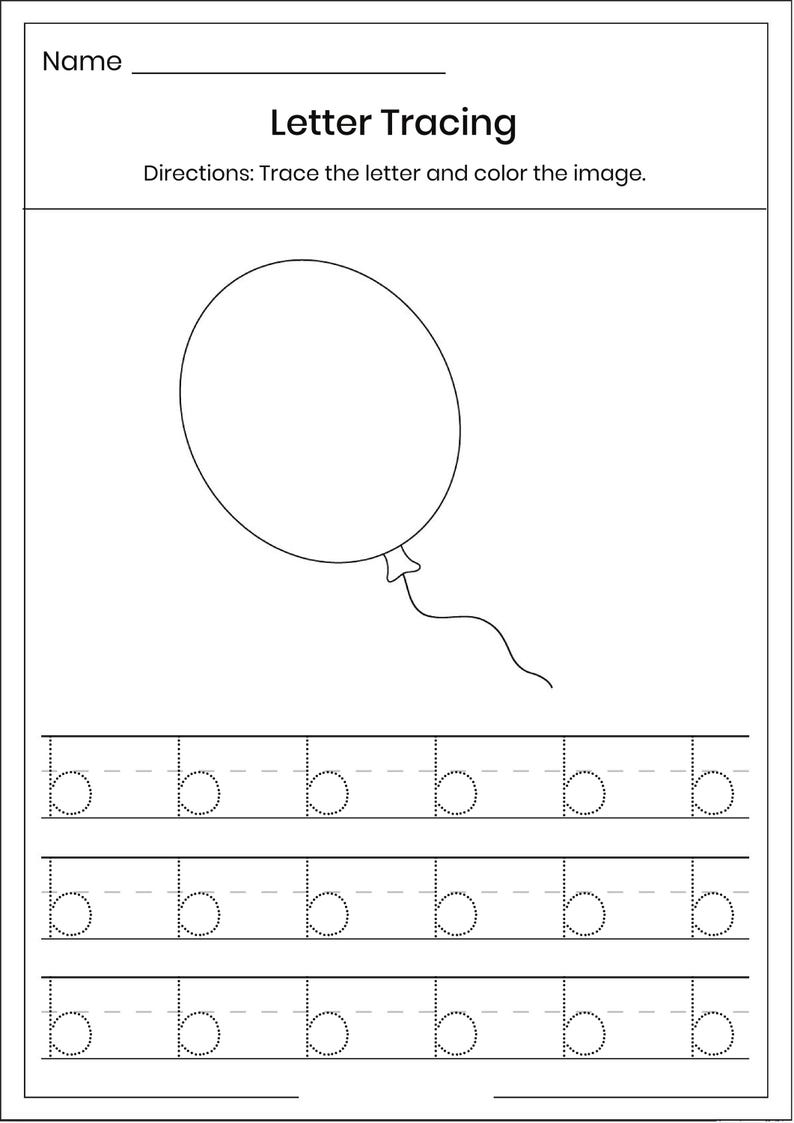 May include: A black and white educational worksheet titled Letter Tracing with the instructions Trace the letter and color the image. The page features a line drawing of a balloon and three rows of the lowercase letter b in a dotted font.