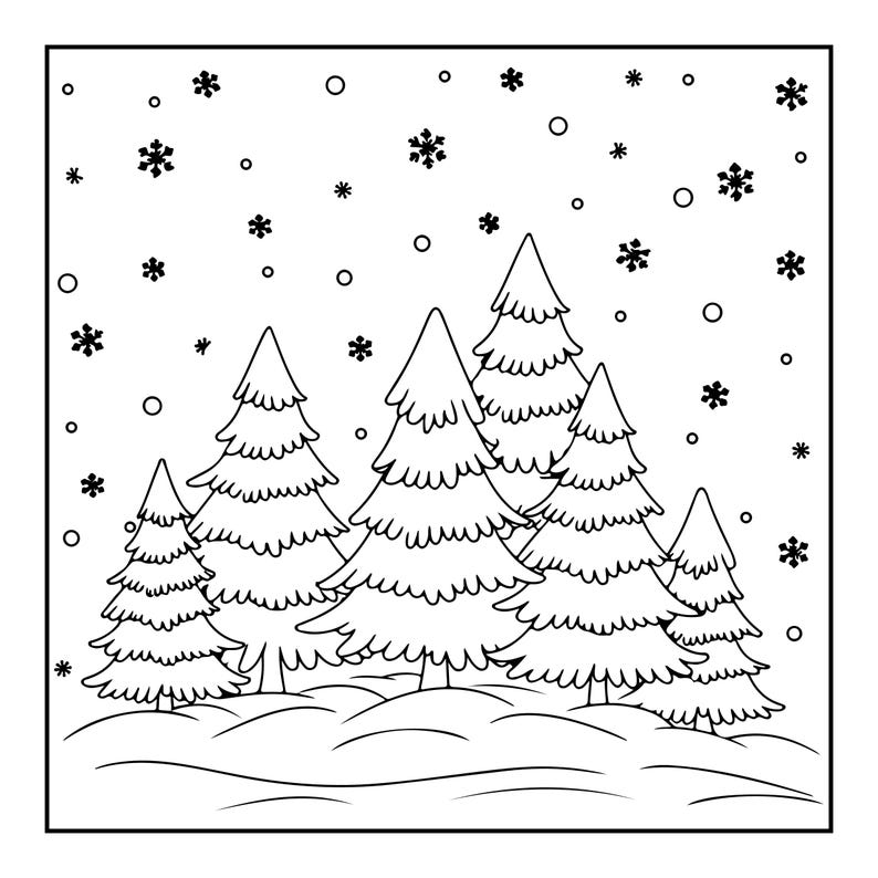 May include: A black and white line art illustration of a winter forest scene. The image features five evergreen pine trees of varying heights standing in a snow-covered landscape, with numerous snowflakes and small circles falling from above.