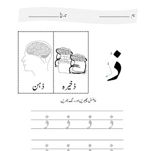 An Urdu letter tracing worksheet featuring a human brain and bags alongside the letter Rhi with directional arrows and dotted practice lines.