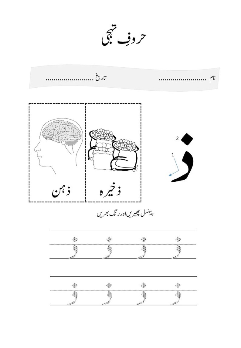 An Urdu letter tracing worksheet featuring a human brain and bags alongside the letter Rhi with directional arrows and dotted practice lines.