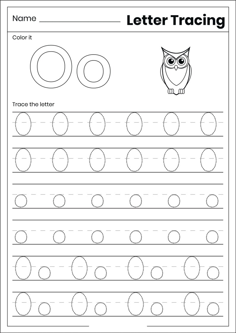 May include: A black and white educational worksheet titled Letter Tracing featuring the letter O. It includes a large uppercase and lowercase Oo, an owl illustration, and six rows of dotted lines for tracing the letter O and the combination Oo.