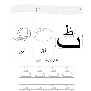 An Urdu alphabet worksheet showing the letter Tayy with stroke order arrows, alongside illustrations of a cap and a tomato.