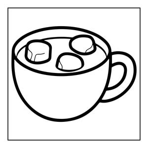 Op de afbeelding: Een zwart-witte lijntekening van een ronde mok gevuld met een vloeistof en drie ronde marshmallows die op het oppervlak drijven. De mok is voorzien van een eenvoudig gebogen handvat aan de rechterkant, gepresenteerd als een grafische illustratie.