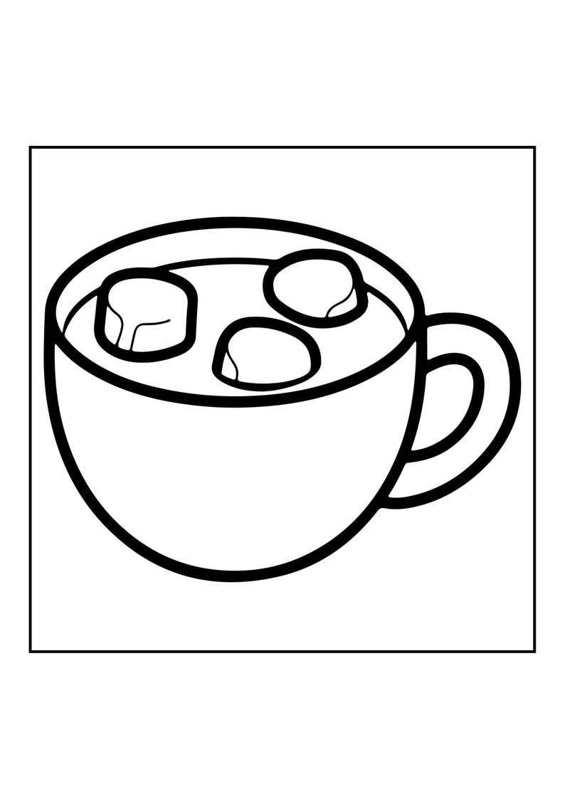 Op de afbeelding: Een zwart-witte lijntekening van een ronde mok gevuld met een vloeistof en drie ronde marshmallows die op het oppervlak drijven. De mok is voorzien van een eenvoudig gebogen handvat aan de rechterkant, gepresenteerd als een grafische illustratie.