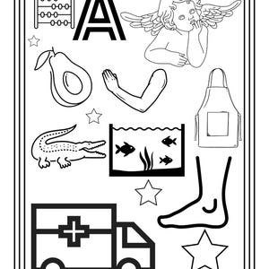 Puede incluir: Una p&aacute;gina para colorear en blanco y negro con la letra A, un &aacute;baco, un querub&iacute;n alado, un aguacate, un brazo, un delantal, un cocodrilo, una pecera, una ambulancia y un pie, con el n&uacute;mero 2 en la parte inferior y varias estrellas.