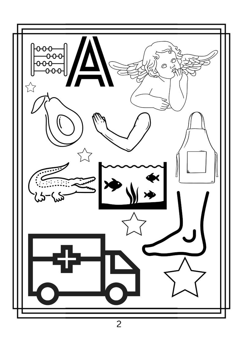 Puede incluir: Una p&aacute;gina para colorear en blanco y negro con la letra A, un &aacute;baco, un querub&iacute;n alado, un aguacate, un brazo, un delantal, un cocodrilo, una pecera, una ambulancia y un pie, con el n&uacute;mero 2 en la parte inferior y varias estrellas.