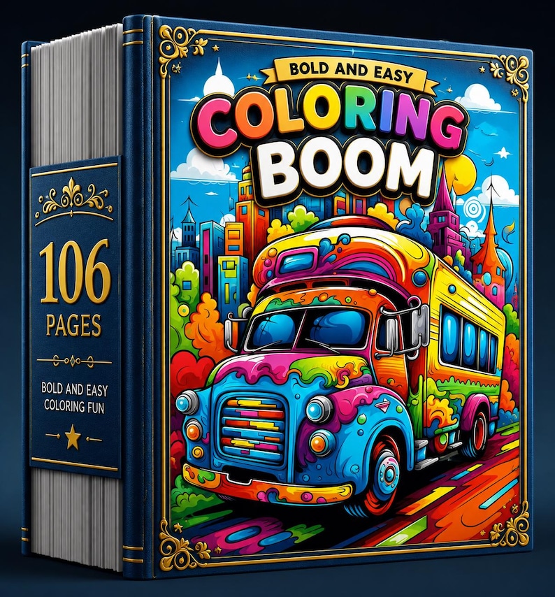 May include: A colouring book titled BOLD AND EASY COLORING BOOM with 106 pages. The cover features a vibrant, multi-coloured bus driving through a stylised city. The book has a dark blue spine and gold decorative borders on the front and side.