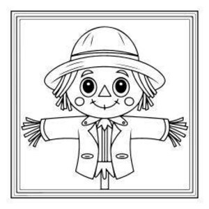 A line art drawing of a smiling scarecrow wearing a hat, shirt, and overalls, with straw hair and outstretched arms, set against a square background.